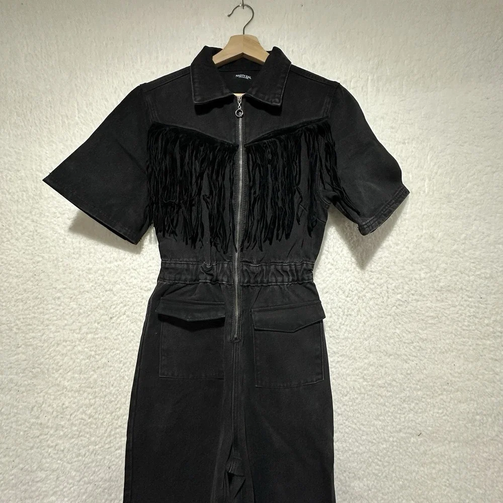 Nasty Gal Collection Black Denim Fringe Detailing Zip Up Front Jumpsuit Sz US 4 - Picture 6 of 16